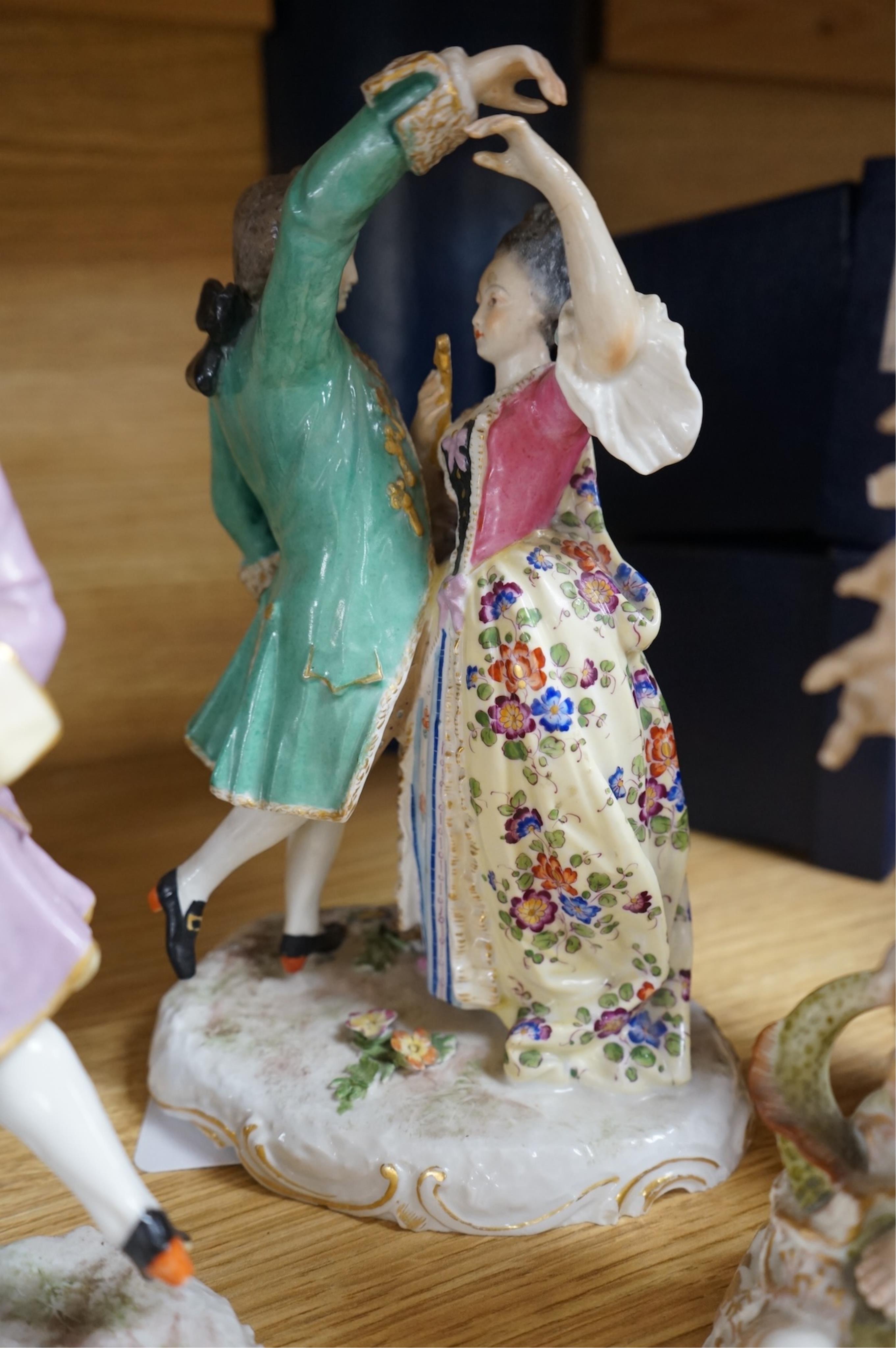 Late 19th century figure groups, including a pair of Samson dancing figures, pair of figures with chicken, pair of Royal Dux Rosenthal and another pair (9), tallest 25cm